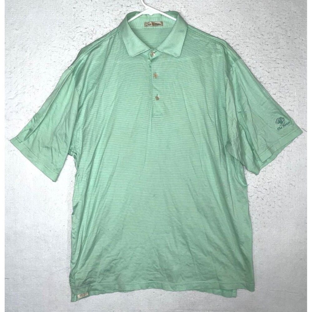 Peter Millar Polo Shirt Mens L Green Striped Short Sleeve The Forest CC Golf